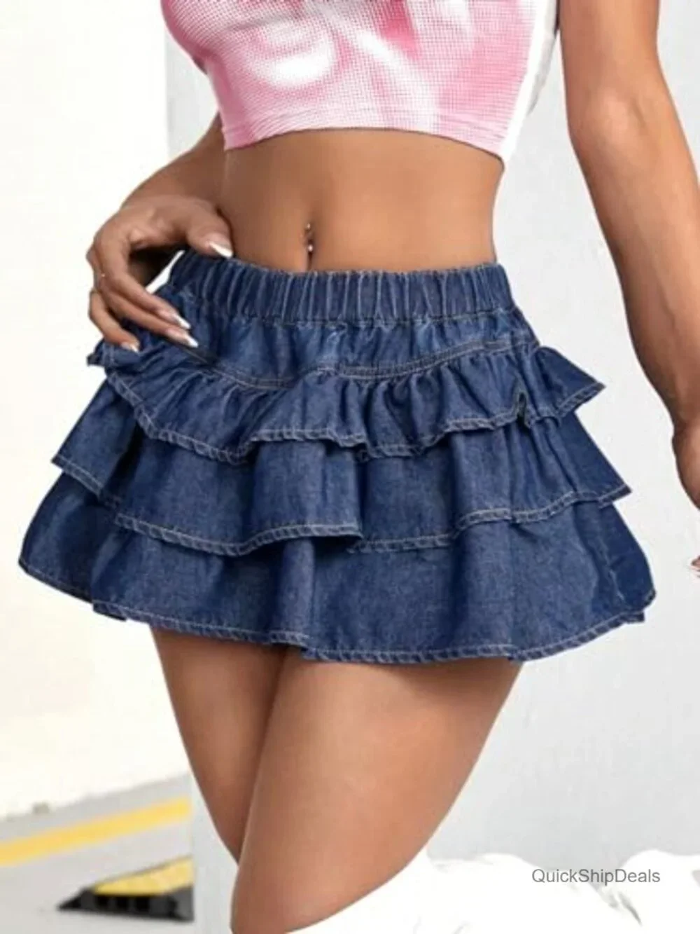Y2K Denim Mini Skirt Drop Waist Ruffle Hem Low Rise